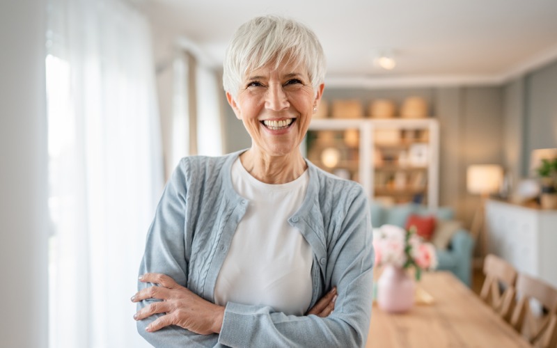 close portrait one senior woman short hair happy smile positive