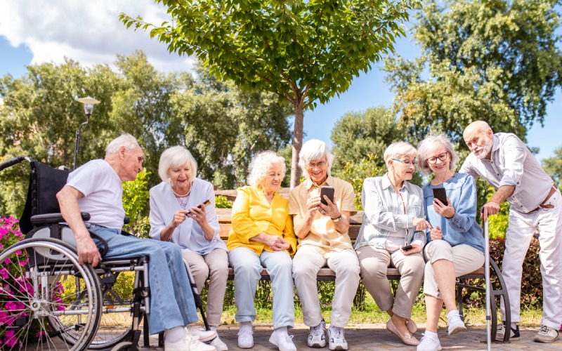 group happy elderly people bonding outdoors park old people age